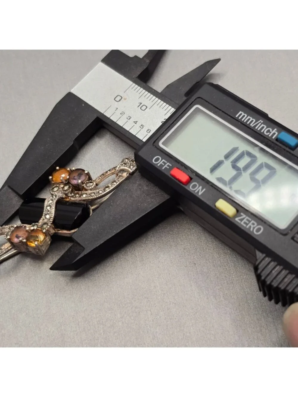 Art Deco Sterling Silver Onyx Amethyst Citrine Marcasite Brooch Vintage C Mark - Picture 14 of 15